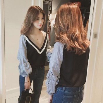 ストライプ Vネック 長袖 トップス レディース コントラストカラー【ホワイト】