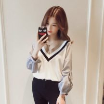 ストライプ Vネック 長袖 トップス レディース コントラストカラー【ブラック】