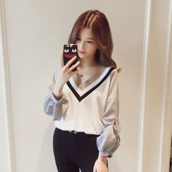 ストライプ Vネック 長袖 トップス レディース コントラストカラー【ブラック】