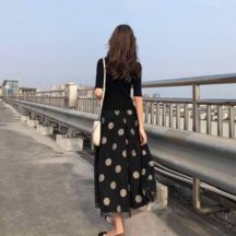 春 夏 秋 フェイクツーピース 水玉 フェミニン ブラック ワンピース