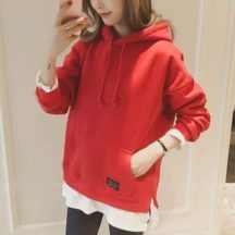 パーカー【レッド】 レディース プルオーバー　 ロング丈 長袖 厚手 ゆったり