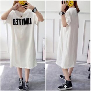 【 ホワイト ・ ワンサイズ 】 レディース Tシャツワンピース 韓国ファッション オルチャン 半袖 ロゴプリント ミディ丈
