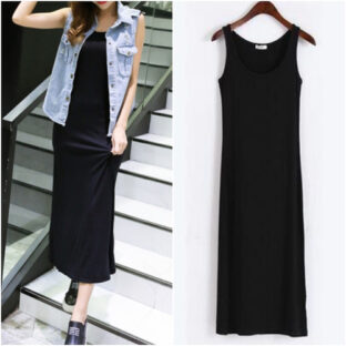 【M ブラック 黒】 レディース ワンピース ロング丈 タンクトップ ノースリーブ Tシャツワンピース ロング スカート 体型カバー 春夏 韓国ファッション オルチャン マタニティウエア にも