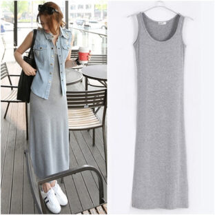 【M グレー 浅灰 】 レディース ワンピース ロング丈 タンクトップ ノースリーブ Tシャツワンピース ロング スカート 体型カバー 春夏 韓国ファッション オルチャン マタニティウエア にも