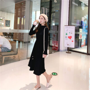 【黒】 ワンピース レディース 長袖 膝下 膝丈 秋 冬 Aライン ハイウエスト フレア セミフォーマル