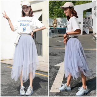 【グレー/フリーサイズ】レディース スカート アシンメトリー ミモレ丈 ハイウエスト シースルー メッシュ ガーゼ