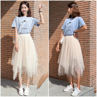 【アプリコット/フリーサイズ】レディース スカート アシンメトリー ミモレ丈 ハイウエスト シースルー メッシュ ガーゼ