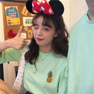 【グリーン/フリーサイズ】Tシャツ 五分袖Tシャツ レディース カジュアル シンプル 可愛い パイナップル 刺繍 果物柄 体型カバー プルオーバー お洒落