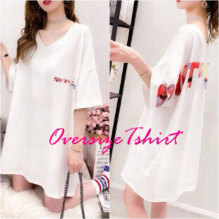 【白 / フリーサイズ 】レディース トップス オーバーサイズ Tシャツ ロゴt バックプリント ロング丈tシャツ バッグロゴ 半袖 Vネック アルファベット ミニワンピ