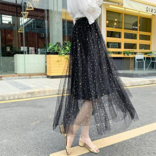 【フリーサイズ】ブラック スパンコール チュールスカート マキシ丈 ハイウエスト Aライン プリーツ レース かわいい レディース