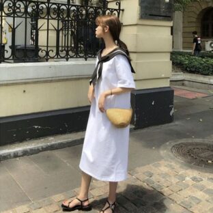 【ホワイト / フリーサイズ】レディース セーラー襟 ロングTシャツ ゆったり 無地 カジュアル リボン キャンディ少女 蝶結び 五分袖