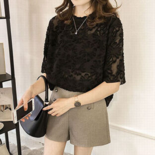 【ブラック/フリーサイズ】半袖 ブラウス トップス シースルー レーストップス セクシー かわいい 透け感 大人コーデ モノトーン